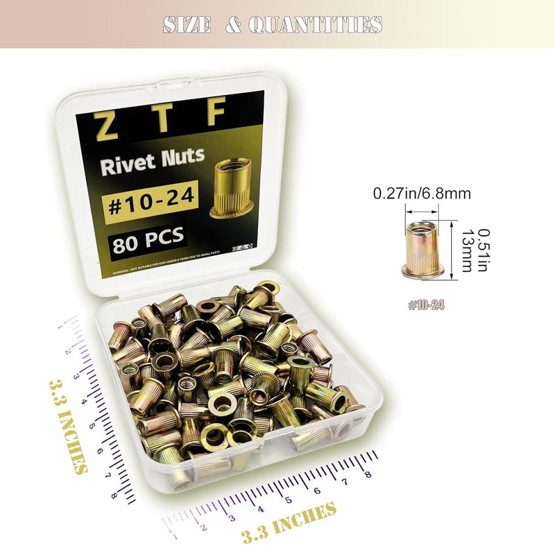 ZTF SAE 8-32 10-24 1/4-20 5/16-18 3/8 Inch-16UNC Rivet Nut Assortment Kit, Yellow Zinc Flat Head Rivnut Set, Threaded Insert Nutsert Rivnuts for Metal, Plastic, Fiberglass (#10-24UNC) - Image 4